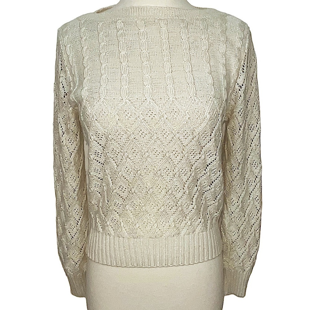 VTG Beige & Silver Metallic Cable & Lattice‎ Knit Boatneck L/S Cropped Sweater